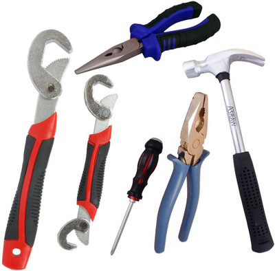 

Asraw Snap N Grip, Plier, Nose Plier, 1/2LB Hammer & Double Sided Screwdriver Hand Tool Kit(5 Tools), Multicolor