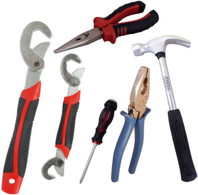 

Asraw Snap N Grip, Plier, Nose Plier, 1/2LB Hammer & Double Sided Screwdriver Hand Tool Kit(5 Tools), Multicolor