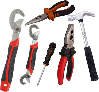 

Asraw Snap N Grip, Plier, Nose Plier, 1/2LB Hammer & Double Sided Screwdriver Hand Tool Kit(5 Tools), Multicolor