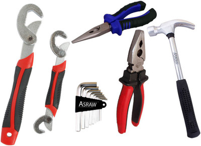 

Asraw Snap N Grip, Plier, Nose Plier, 1/2LB Hammer & Allen key Hand Tool Kit(5 Tools), Multicolor