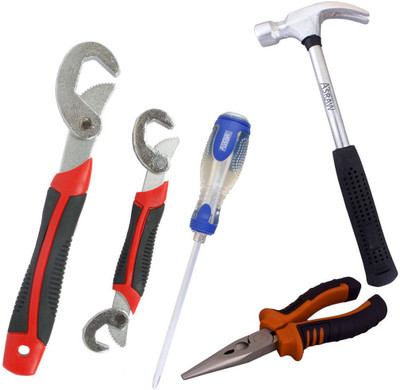 

Asraw Snap N Grip, Nose Plier, 1/2LB Hammer & Double Sided Screwdriver Hand Tool Kit(4 Tools), Multicolor