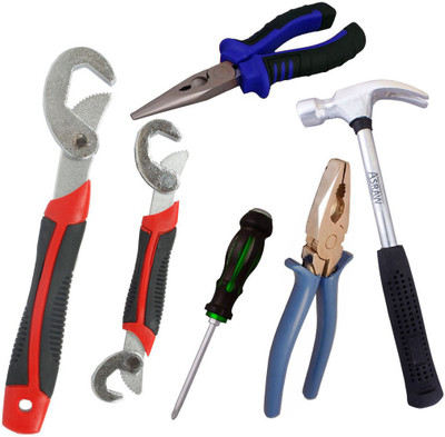 

Asraw Snap N Grip, Plier, Nose Plier, 1/2LB Hammer & Double Sided Screwdriver Hand Tool Kit(5 Tools), Multicolor