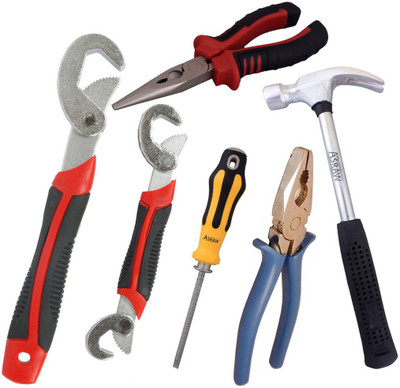 

Asraw Snap N Grip, Plier, Nose Plier, 1/2LB Hammer & Adjustable Screwdriver Hand Tool Kit(5 Tools), Multicolor