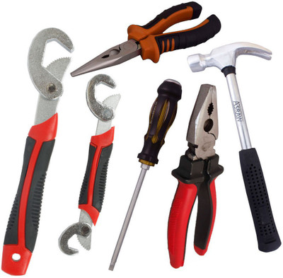 

Asraw Snap N Grip, Plier, Nose Plier, 1/2LB Hammer & Double Sided Screwdriver Hand Tool Kit(5 Tools), Multicolor