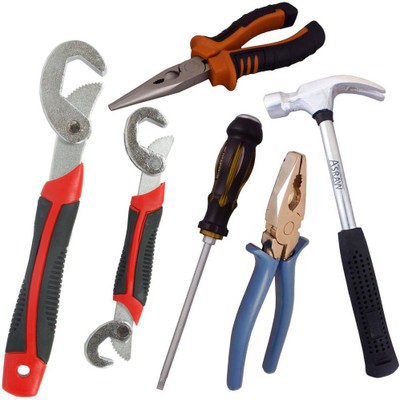 

Asraw Snap N Grip, Plier, Nose Plier, 1/2LB Hammer & Double Sided Screwdriver Hand Tool Kit(5 Tools), Multicolor