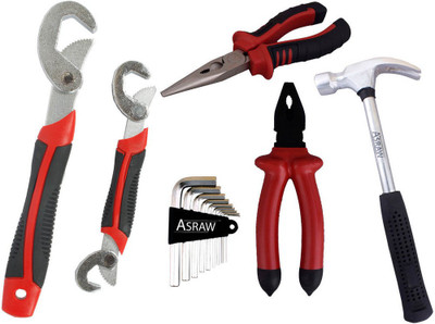 

Asraw Snap N Grip, Plier, Nose Plier, 1/2LB Hammer & Allen key Hand Tool Kit(5 Tools), Multicolor