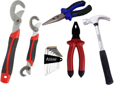 

Asraw Snap N Grip, Plier, Nose Plier, 1/2LB Hammer & Allen key Hand Tool Kit(5 Tools), Multicolor