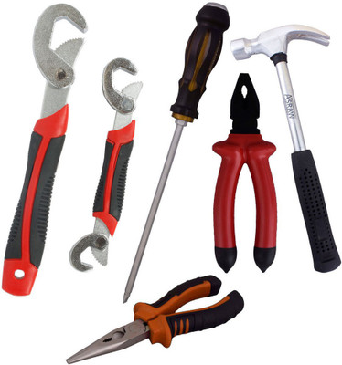 

Asraw Snap N Grip, Plier, Nose Plier, 1/2LB Hammer & Double Sided Screwdriver Hand Tool Kit(5 Tools), Multicolor