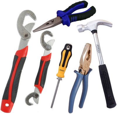 

Asraw Snap N Grip, Plier, Nose Plier, 1/2LB Hammer & Adjustable Screwdriver Hand Tool Kit(5 Tools), Multicolor