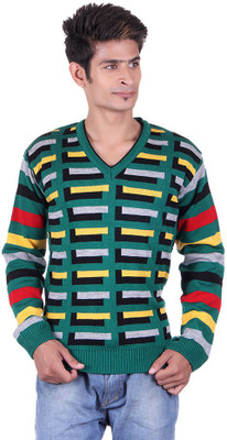 

Black Velly V-neck Woven Men Pullover, Black;green;yellow