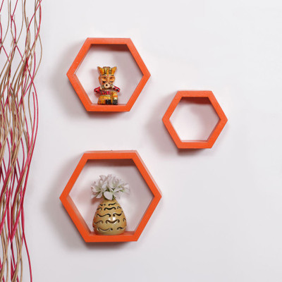 

DriftingWood Hexagon Shape Mounted Set Of 3 Rack Shelves/Shelf High Quality Wooden Home Decor Wall Shelf Wooden Wall Shelf(Number of Shelves - 3, Orange)