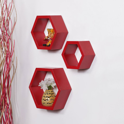 

DriftingWood Hexagon Shape Mounted Set Of 3 Rack Shelves/Shelf High Quality Wooden Home Decor Wall Shelf Wooden Wall Shelf(Number of Shelves - 3, Red)