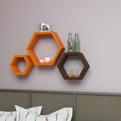 

DriftingWood Hexagon Shape Mounted Set Of 3 Rack Shelves/Shelf High Quality Wooden Home Decor Wall Shelf Wooden Wall Shelf(Number of Shelves - 3, Brown, Orange)