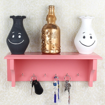 

OSE MDF WOOD KEY HOOKS WITH WALL MOUNTED DÉCOR SHELF Wooden Wall Shelf(Number of Shelves - 1, Pink)