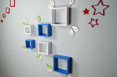 Ganeshaas GHWSDS006WBl White Blue Square MDF Wall Shelf(Number of Shelves - 6, White, Blue)