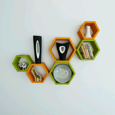 

MartCrown HEXAGON MDF Wall Shelf(Number of Shelves - 6, Green, Orange)