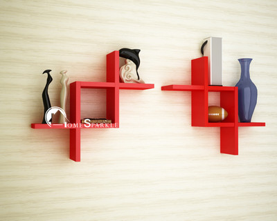 63% OFF on Home Sparkle Zig Zag Shaped Wooden Wall Shelf(Number of Shelves - 8, Red)