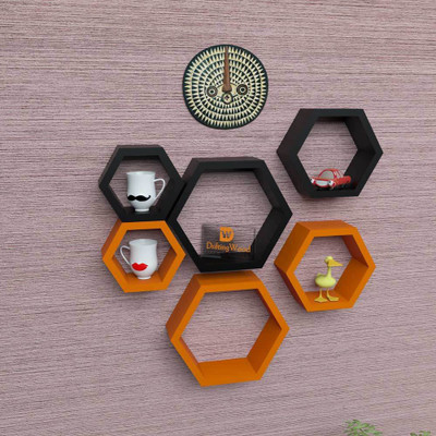 

DriftingWood Hexagon Shape Mounted Set Of 6 Rack Shelves/Shelf High Quality Wooden Home Decor Wall Shelf Wooden Wall Shelf(Number of Shelves - 6, Black, Orange)