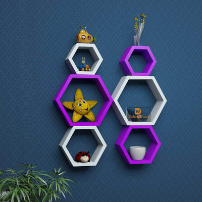 

DriftingWood Hexagon Shape Mounted Set Of 6 Rack Shelves/Shelf High Quality Wooden Home Decor Wall Shelf Wooden Wall Shelf(Number of Shelves - 6, Purple, White)