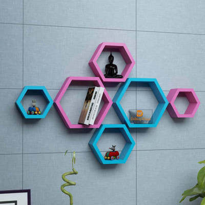 

DriftingWood Hexagon Shape Mounted Set Of 6 Rack Shelves/Shelf High Quality Wooden Home Decor Wall Shelf Wooden Wall Shelf(Number of Shelves - 6, Pink)