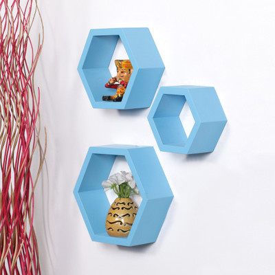 

DriftingWood Hexagon Shape Mounted Set Of 3 Rack Shelves/Shelf High Quality Wooden Home Decor Wall Shelf Wooden Wall Shelf(Number of Shelves - 3, Blue)