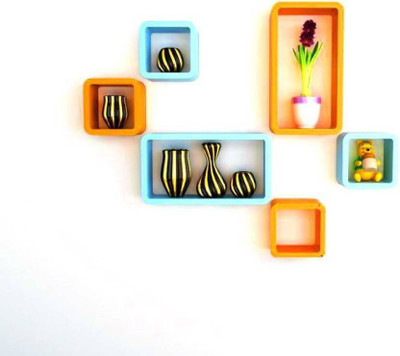 

India Wooden Handicrafts Rectangle Square Wooden Wall Shelf(Number of Shelves - 6, Orange, Blue)