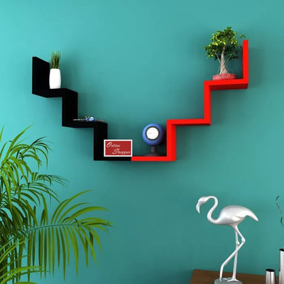 Onlineshoppee W Shape Set of 2 MDF Wall Shelf(Number of Shelves - 6, Black, Red)