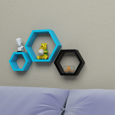 

DriftingWood Hexagon Shape Mounted Set Of 3 Rack Shelves/Shelf High Quality Wooden Home Decor Wall Shelf Wooden Wall Shelf(Number of Shelves - 3, Blue, Black)