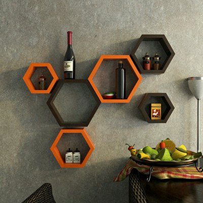

MartCrown Hexagon Shape MDF Wall Shelf(Number of Shelves - 6, Brown, Orange)