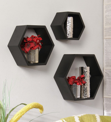 Onlineshoppee Hexagonal Wooden Wall Shelf(Number of Shelves - 3, Black) Onlineshoppee Hexagonal Wooden Wall Shelf(Number of Shelves - 3, Black)