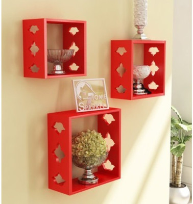 Onlineshoppee Wooden Wall Shelf(Number of Shelves - 3, Red)