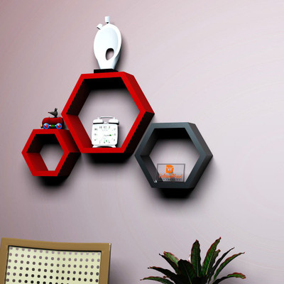 

DriftingWood Hexagon Shape Mounted Set Of 3 Rack Shelves/Shelf High Quality Wooden Home Decor Wall Shelf Wooden Wall Shelf(Number of Shelves - 3, Red, Black)