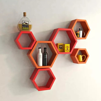 Onlineshoppee Hexagonal Shape MDF Wall Shelf(Number of Shelves - 6, Red, Orange)