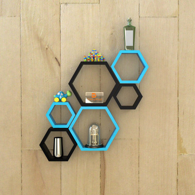 

DriftingWood Hexagon Shape Mounted Set Of 6 Rack Shelves/Shelf High Quality Wooden Home Decor Wall Shelf Wooden Wall Shelf(Number of Shelves - 6, Blue, Black)