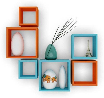 India Wooden Handicrafts wall shelf orangewall Wooden Wall Shelf(Number of Shelves - 6, Orange, Blue)