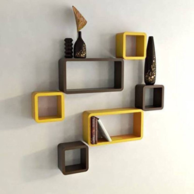 VAS Collection Home Wooden Wall Shelf(Number of Shelves - 6, Yellow, Black)