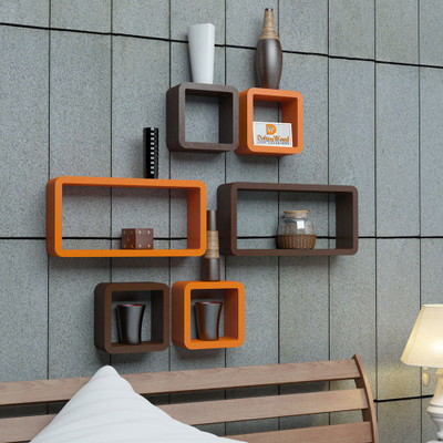 

DriftingWood 4 Cube & 2 Rectangle Shape Mounted Rack Shelves/Shelf High Quality Wooden Home Decor Wall Shelf Wooden Wall Shelf(Number of Shelves - 6, Orange, Brown)