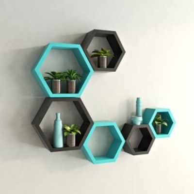 

Onlineshoppee Set Of 6 Hexagon shape Designer Storage Shelves - Blue &Black Wooden Wall Shelf(Number of Shelves - 6, Blue, Black)