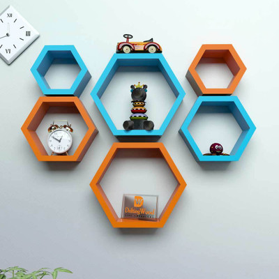 DriftingWood Hexagon Shape Mounted Set Of 6 Rack Shelves/Shelf High Quality Wooden Home Decor Wall Shelf Wooden Wall Shelf(Number of Shelves - 6, Orange, Blue)