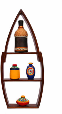 

NG Art Ventura 20 Inches Tall Ethnic Wooden Stand With Terracotta Vases Wooden Wall Shelf(Number of Shelves - 3, Multicolor)