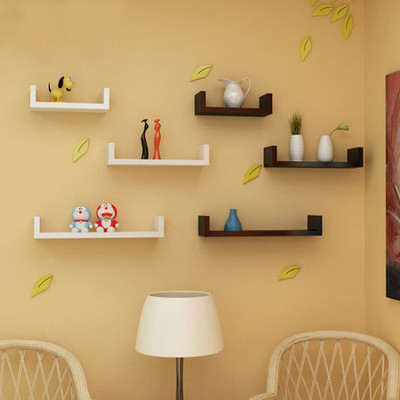 

Onlineshoppee U Shape Wooden Wall Shelf(Number of Shelves - 6, White, Black)