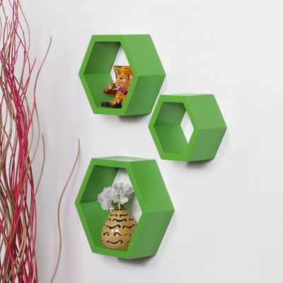 

DriftingWood Hexagon Shape Mounted Set Of 3 Rack Shelves/Shelf High Quality Wooden Home Decor Wall Shelf Wooden Wall Shelf(Number of Shelves - 3, Green)