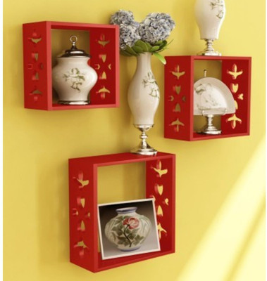 Onlineshoppee Wooden Wall Shelf(Number of Shelves - 3, Red)