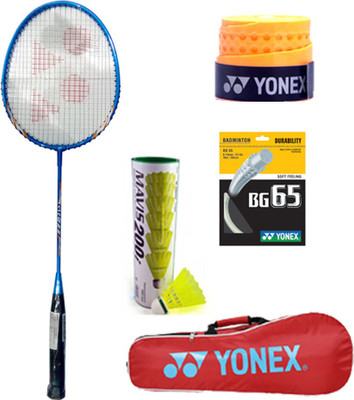 

Yonex New Series GR777 Racket+Mavis200i Shuttlecock Pack of 6pc+Etec902+BG65+Kit Bag Blue Strung Badminton Racquet(G4 - 3.25 Inches, 90 g)