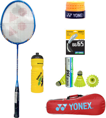 

Yonex New Series GR777 Racket+Mavis 350 Shuttlecock Pack of 6pc+Etec902+BG65+kit Bag+Sipper Multicolor Strung Badminton Racquet(G4 - 3.25 Inches, 90 g)