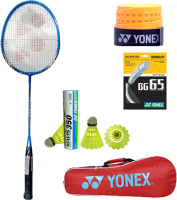 

Yonex New Series GR777 Racket+Mavis 350 Shuttlecock Pack of 6pc+Etec902+BG65+kit Bag Blue Strung Badminton Racquet(G4 - 3.25 Inches, 90 g)