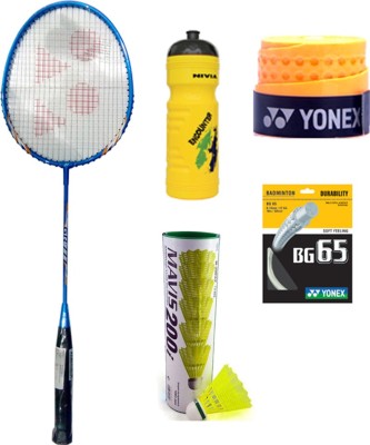 

Yonex New Series GR777 Racket+Mavis200i Shuttlecock Pack of 6pc+Etec902+BG65+Sipper Blue Strung Badminton Racquet(G4 - 3.25 Inches, 90 g)