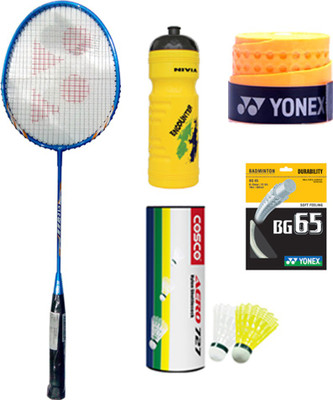 

Yonex New Series GR777 Racket+Aero727 Shuttlecock Pack of 6pc+Etec902+BG65+Sipper Multicolor Strung Badminton Racquet(G4 - 3.25 Inches, 90 g)