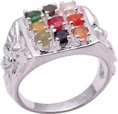 PeenZone 92.5 Silver Navratna Sterling Silver Emerald, Diamond, Sapphire, Pearl, Ruby Rhodium Plated Ring