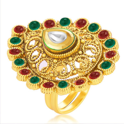 

Sukkhi Bewitching Designer Traditional Cocktail Kempu Stone Gold Plated Kundan Alloy 18K Yellow Gold Plated Ring